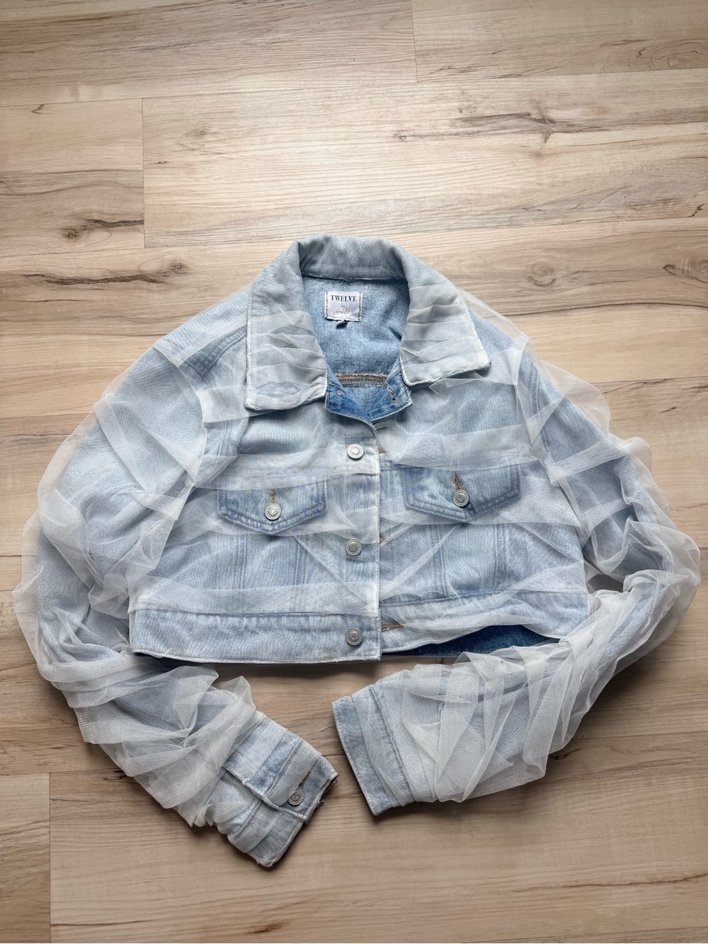 TWLV Light Blue Cropped Denim Jacket with Sheer Overlay